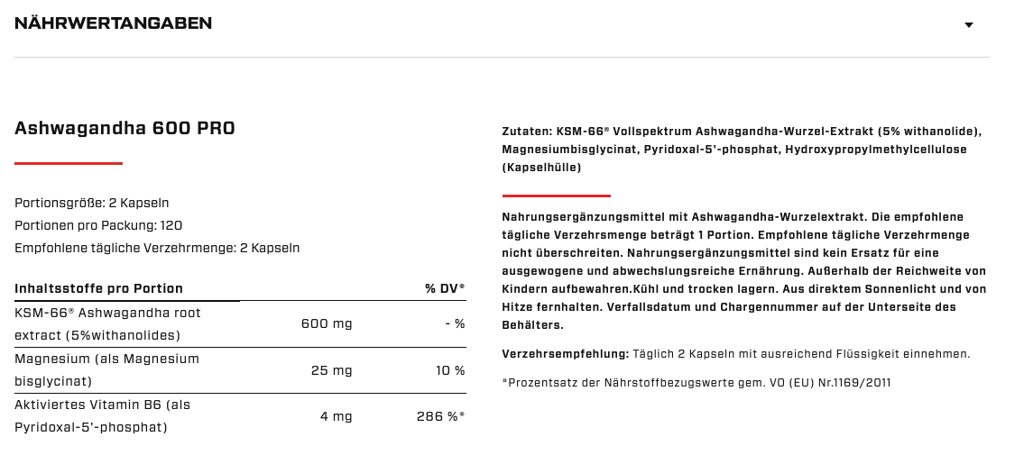 VAST - Ashwagandha 600 Pro - Vegan - 120 Caps - Stress und Cortisol Control